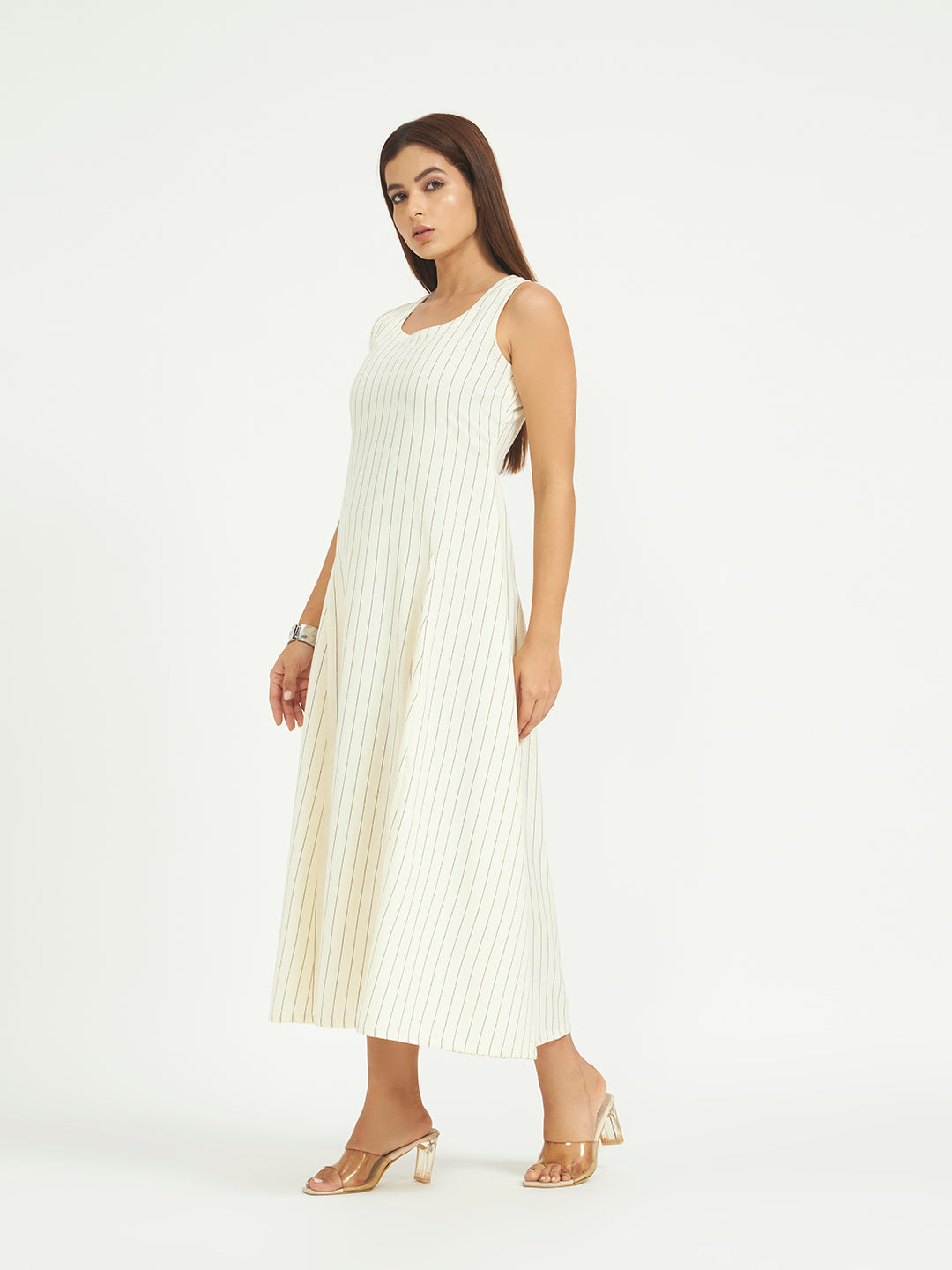 White Pinstripe A-Line Maxi Dress