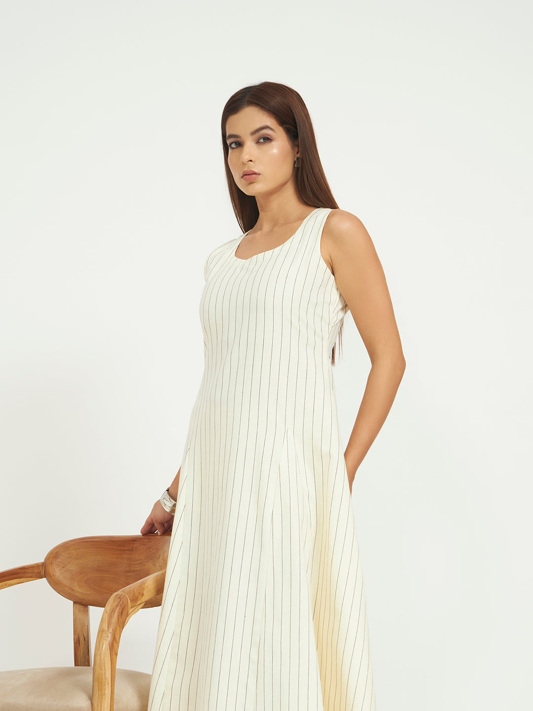 White Pinstripe A-Line Maxi Dress