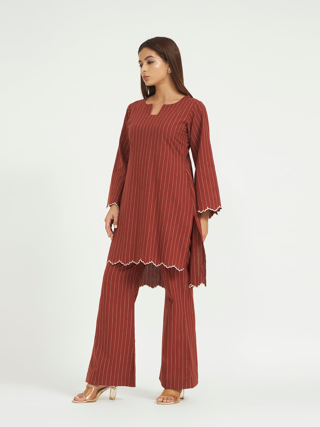 Rust Pinstripe Co-ord Set with Scalloped Hem