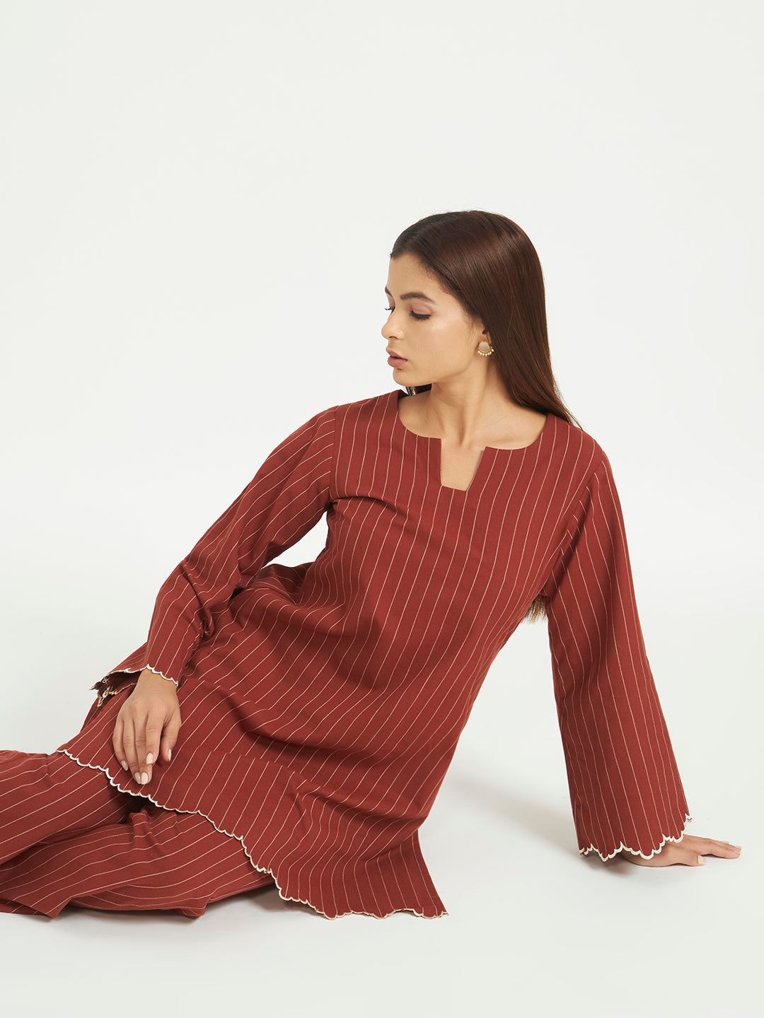 Rust Pinstripe Co-ord Set with Scalloped Hem