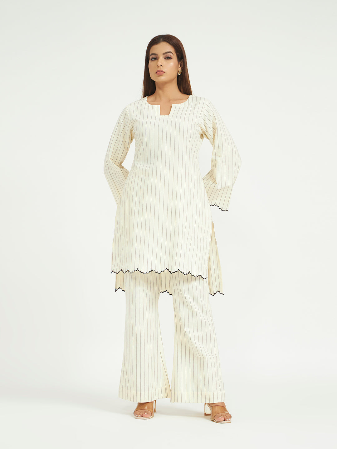 White Pinstripe Co-ord Set with Scalloped Hem
