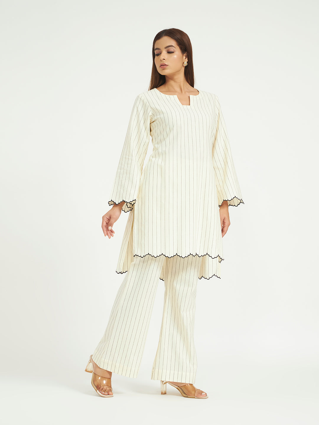 White Pinstripe Co-ord Set with Scalloped Hem