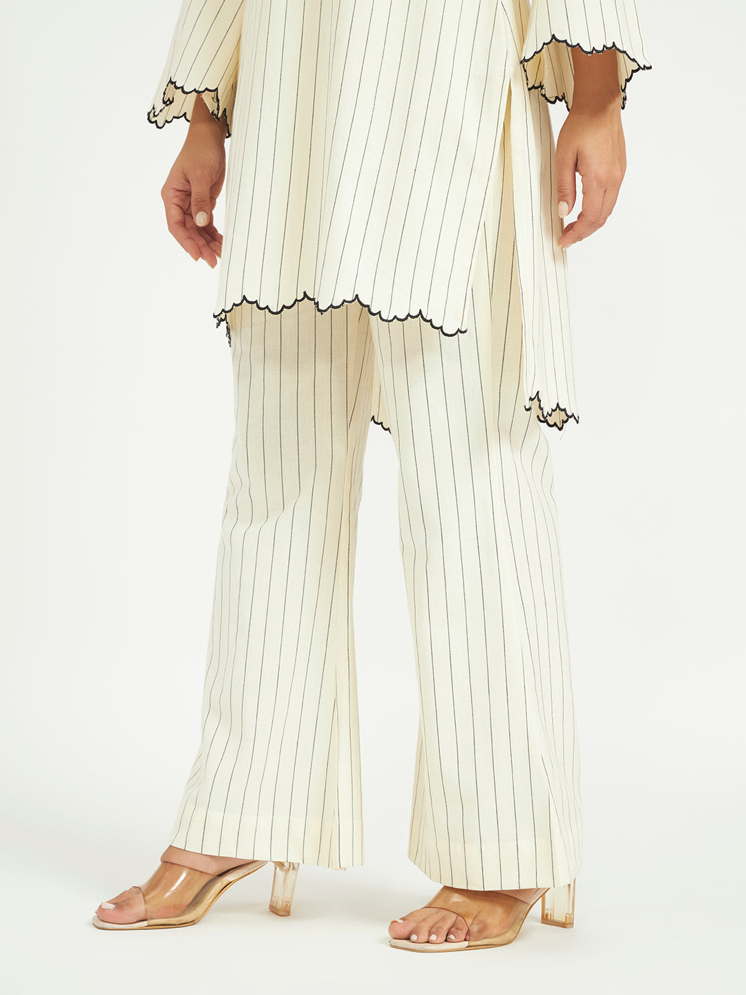 White Pinstripe Co-ord Set with Scalloped Hem