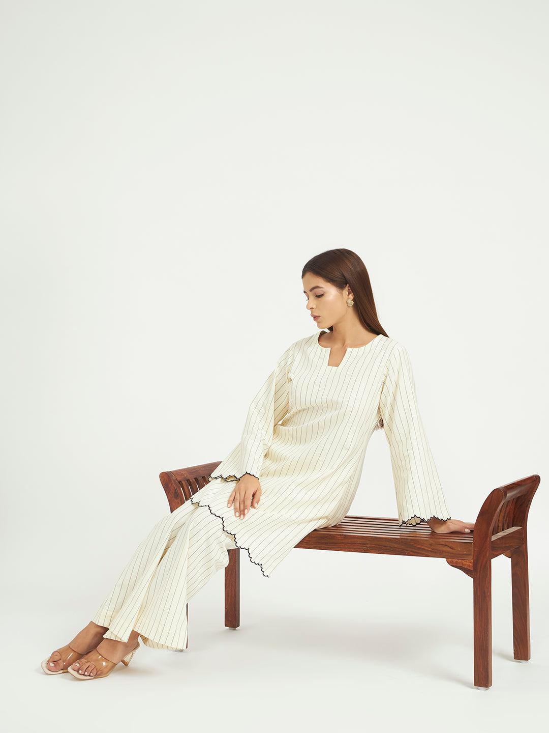 White Pinstripe Co-ord Set with Scalloped Hem