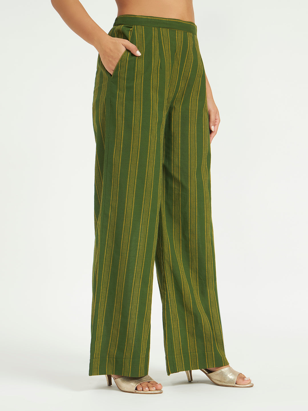 Olive Green Striped Kurta Set with Floral Embroidery