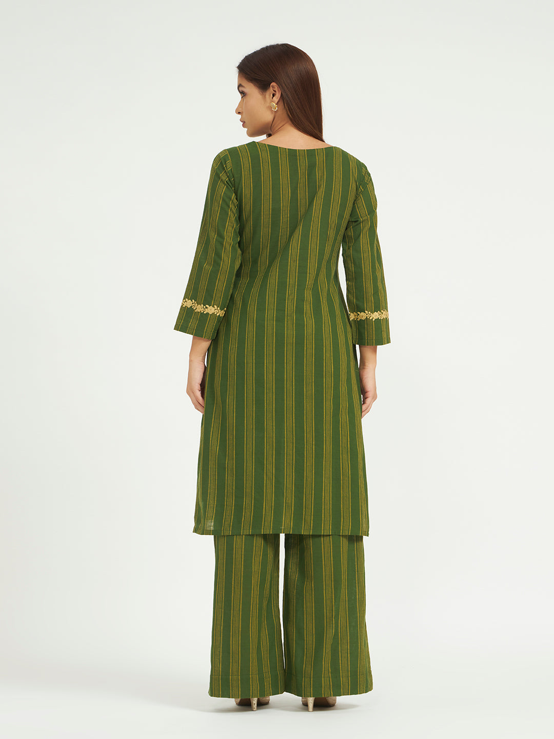 Olive Green Striped Kurta Set with Floral Embroidery