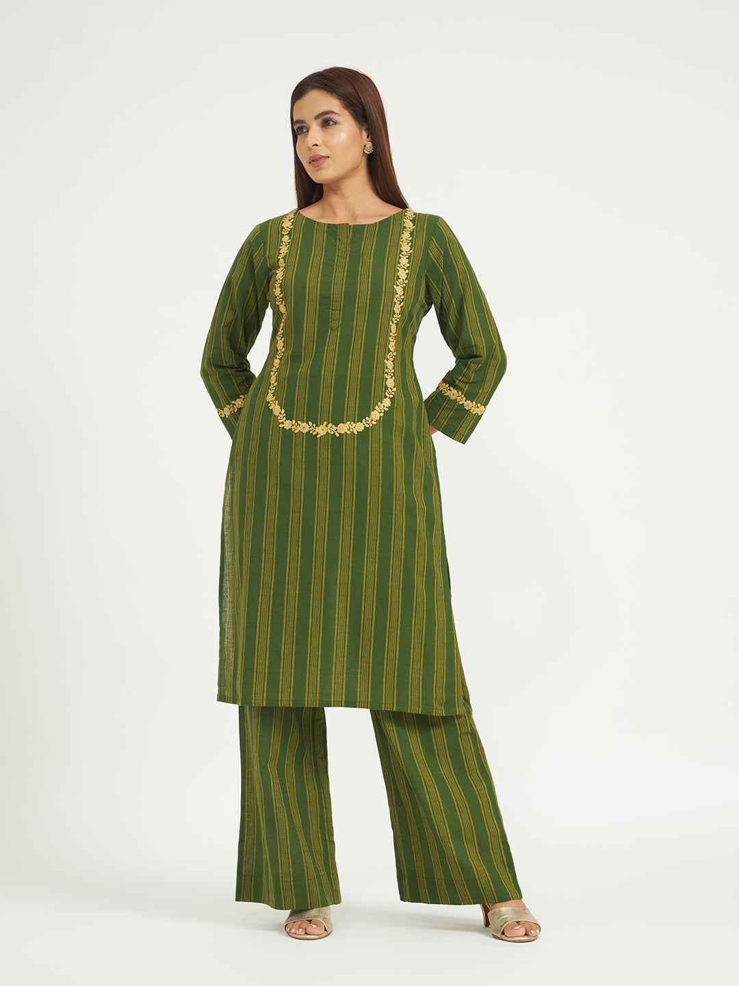 Olive Green Striped Kurta Set with Floral Embroidery