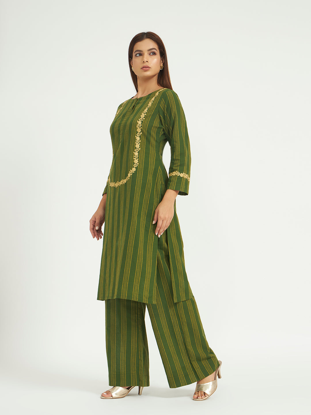 Olive Green Striped Kurta Set with Floral Embroidery