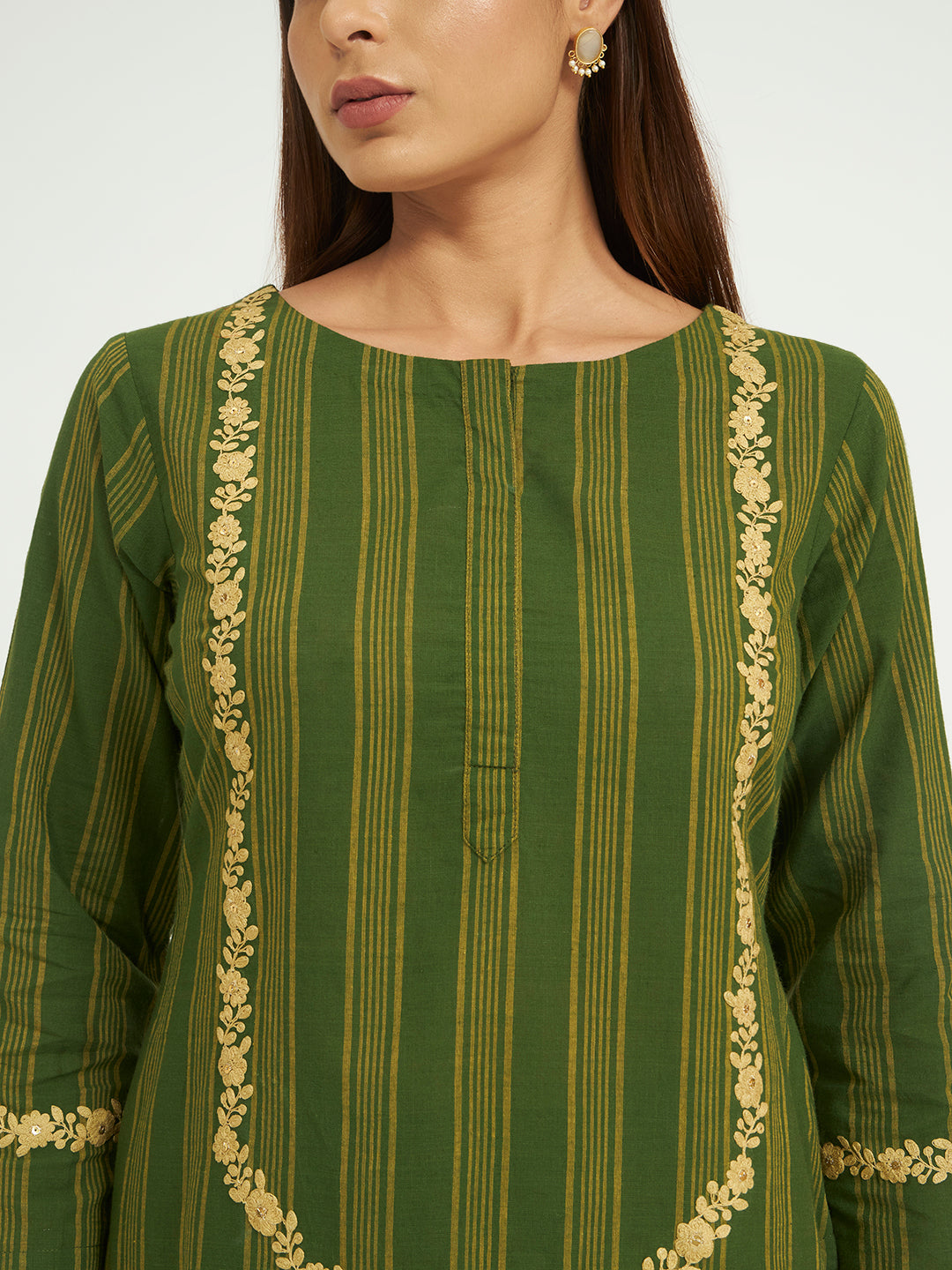 Olive Green Striped Kurta Set with Floral Embroidery