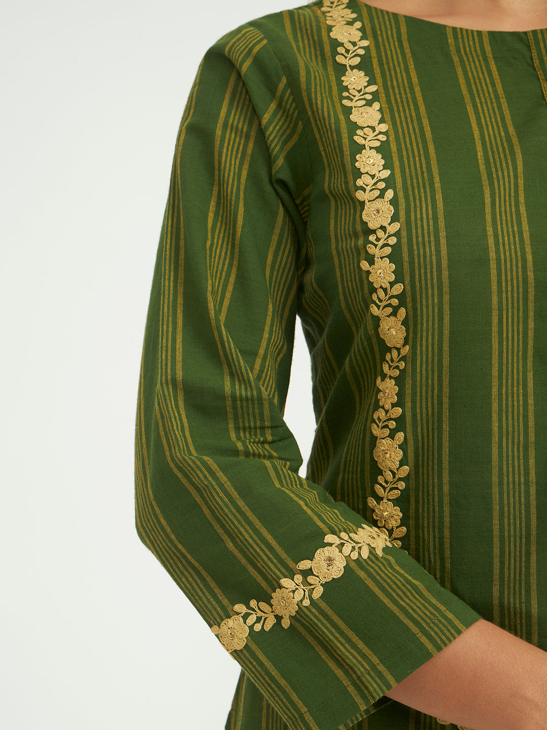 Olive Green Striped Kurta Set with Floral Embroidery