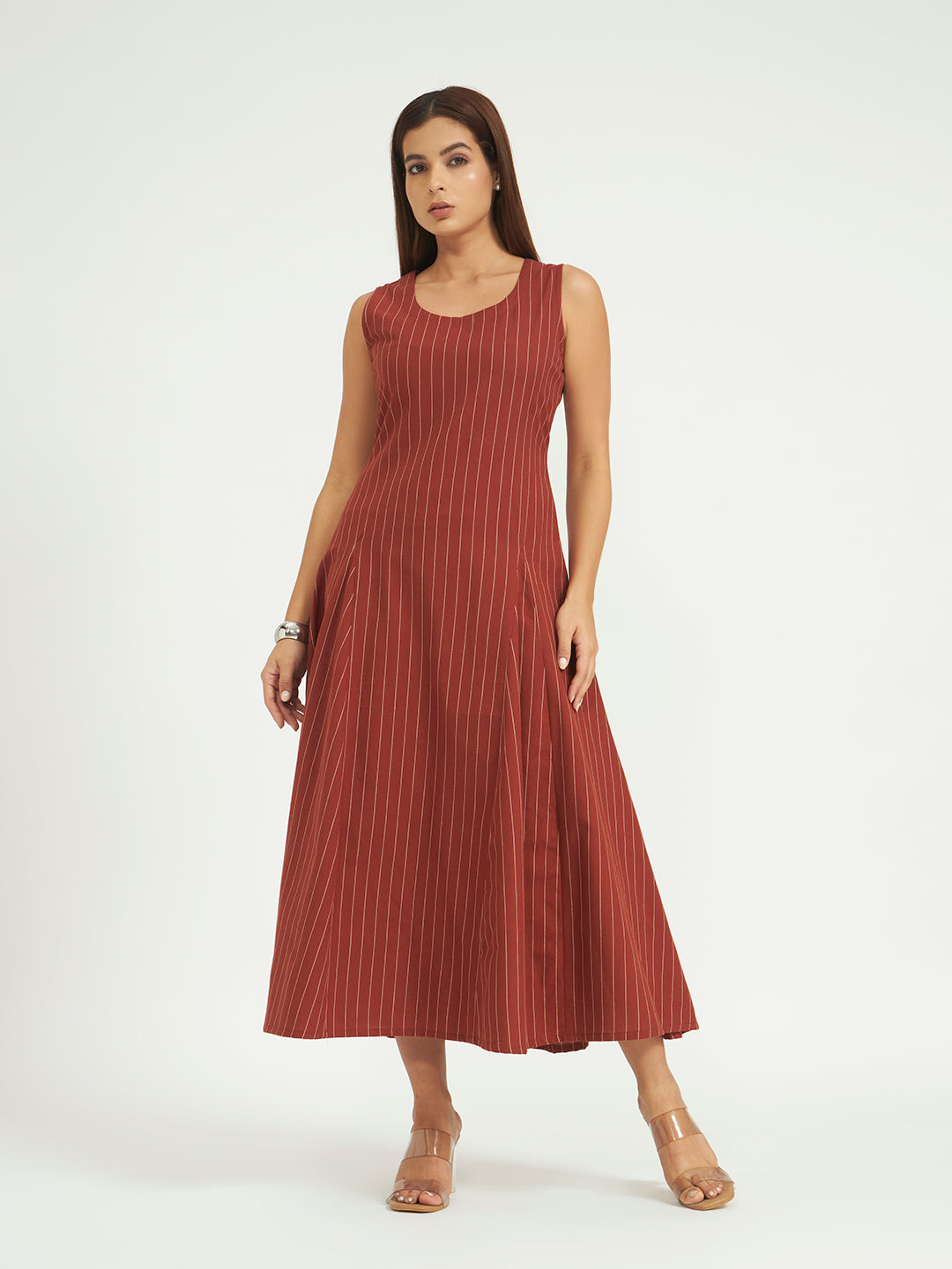 Rust Pinstripe A-Line Maxi Dress