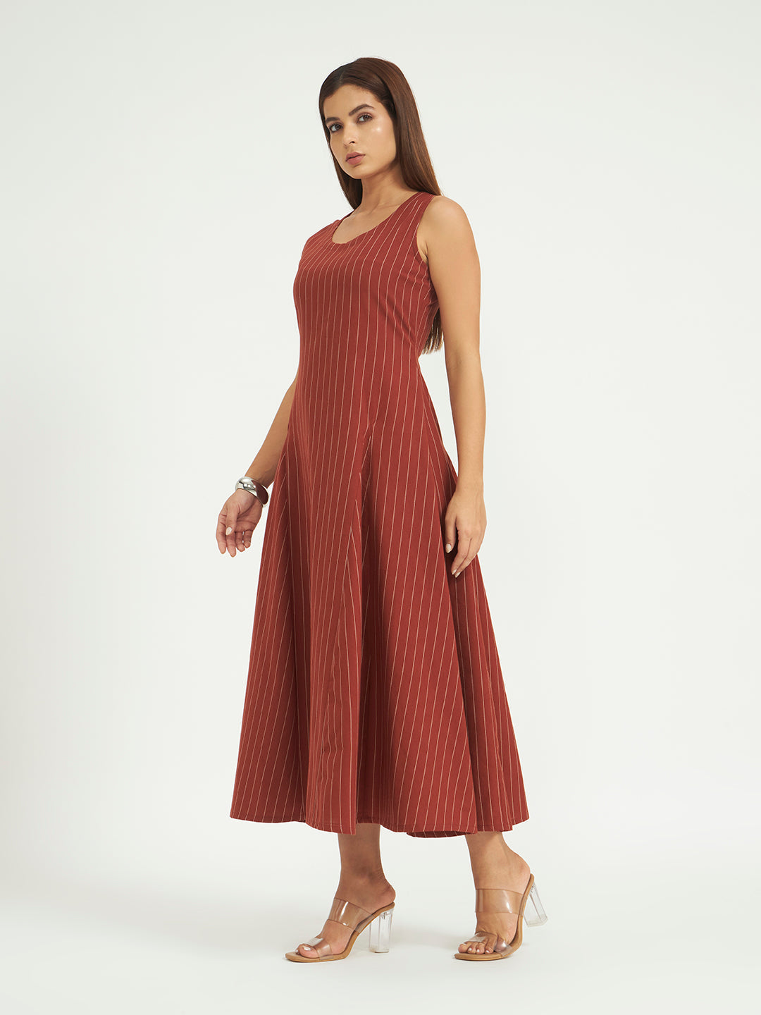 Rust Pinstripe A-Line Maxi Dress