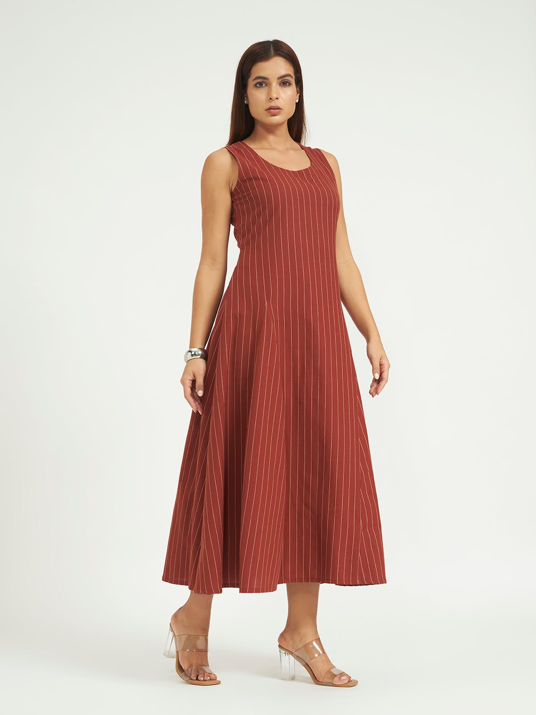 Rust Pinstripe A-Line Maxi Dress