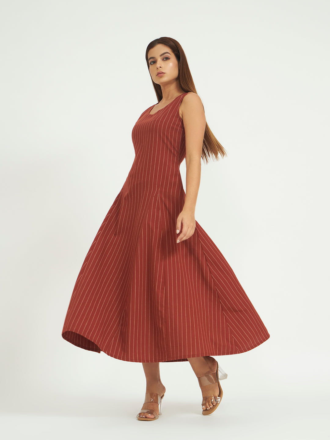 Rust Pinstripe A-Line Maxi Dress