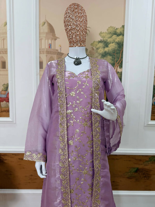 Purple silk indo western jacket with kurti and palazzo 3pc set