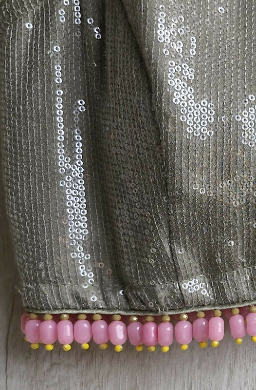 Sequin Embroidered Greenish Grey Jewel Neck Blouse, Handmade Fringes