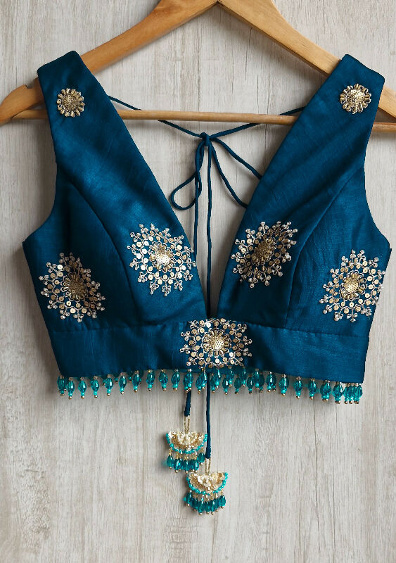 Teal Embroidered Plunge Neck Silk Saree Blouse