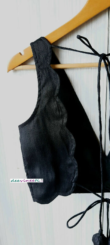 Black Blended Raw Silk Deep V Neck Blouse