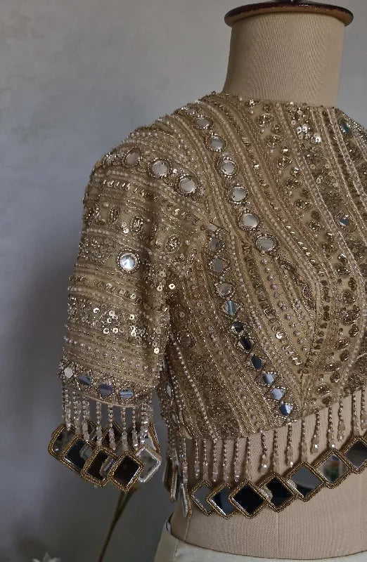 Dark Beige Gold Blouse, Embroidered, Sleeves, Mirror Fringes
