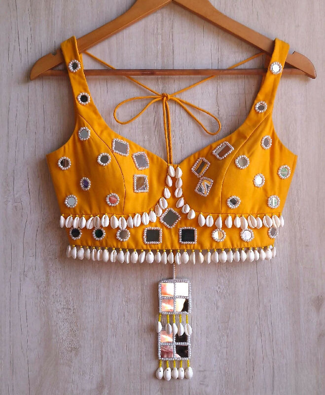 Amber Yellow Rayon Cotton Blouse, Mirror Embroidered Semi Sweetheart Neckline