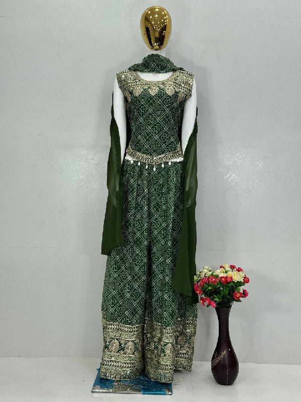 Green crop top with loose fit palazzo and dupatta set