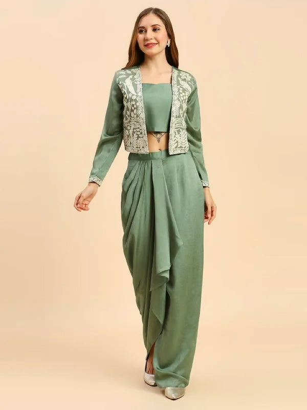 Green indo western top with jacket and dhoti skirt