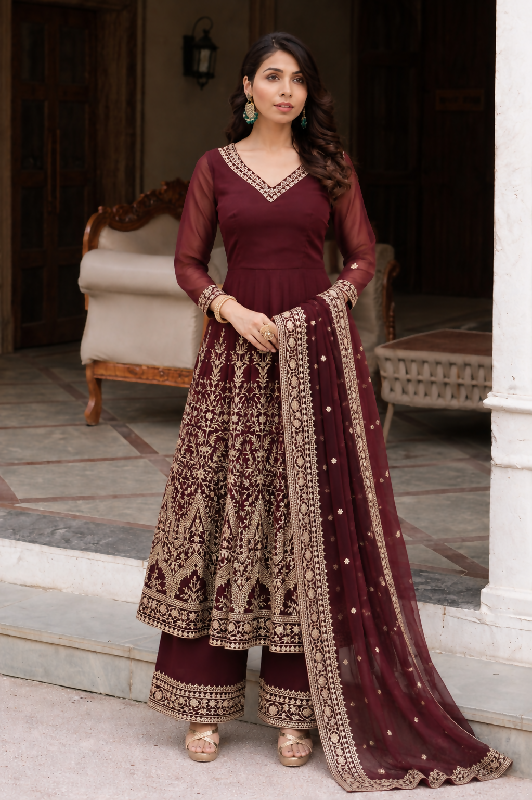 Maroon flaired v neck anarkali suit with pent and dupatta 3pc set