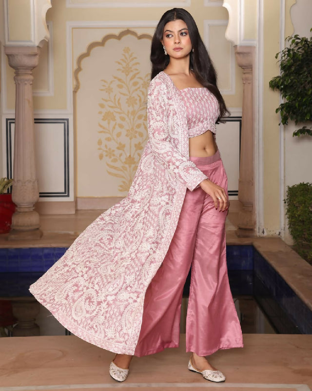Pink indo western crop top with pent and jacket 3pc set