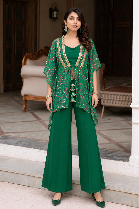 Green crop top with palazzo and shrug 3pc set