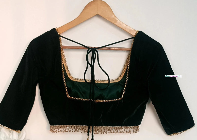 Dark Green Velvet Saree Lehenga Blouse Square Neck