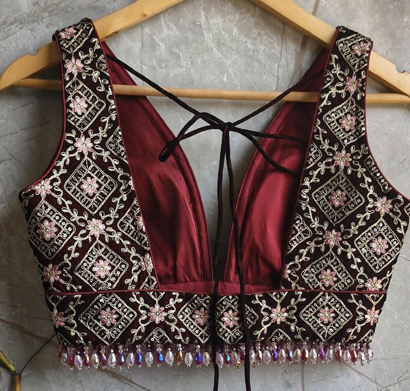 Maroon Embroidered Velvet Plunge Neckline Blouse
