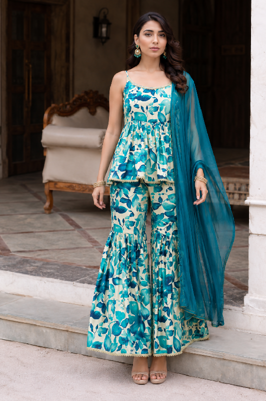 Blue spaghetti peplum top with sharara and dupatta set