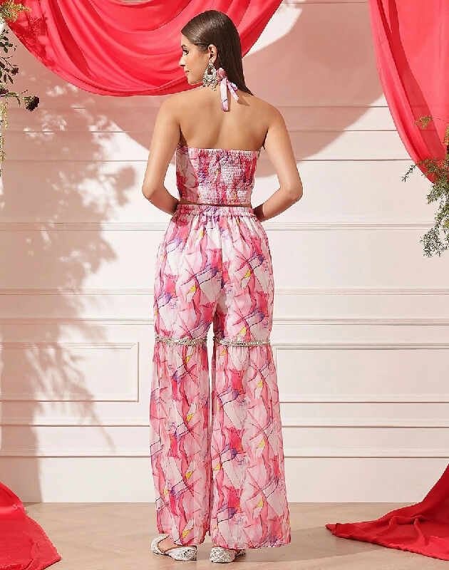 Pink indowestern halter neck corset top with sharara