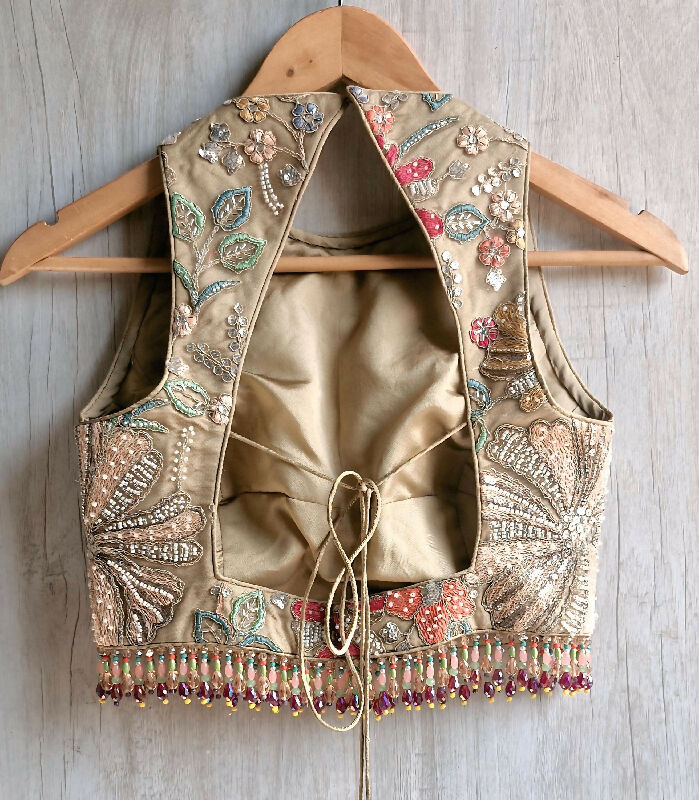 Earthy Taupe Embroidered Saree Blouse, Jewel Neck, Beads Fringes DVBL_488