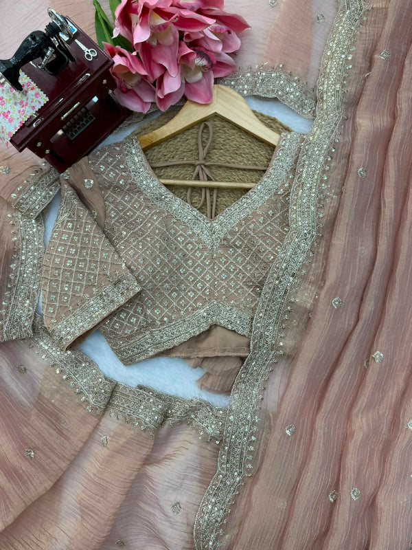 Pink crushed silk saree with blouse 2pc set