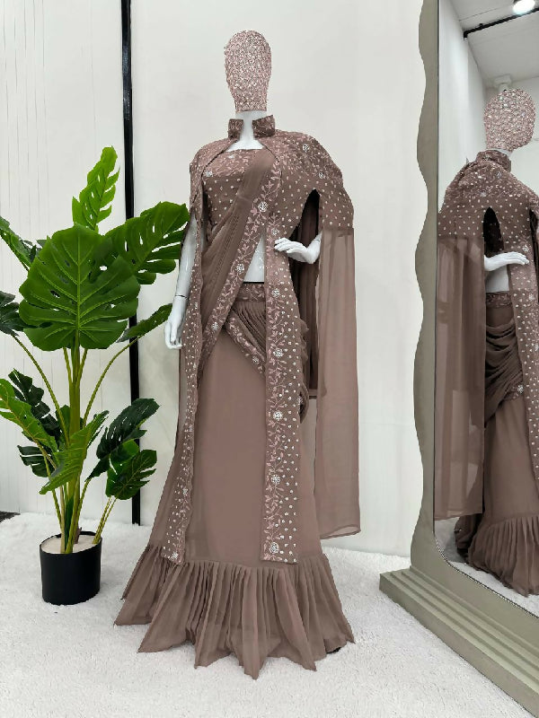 Brown ready to wear lehenga saree with cape set