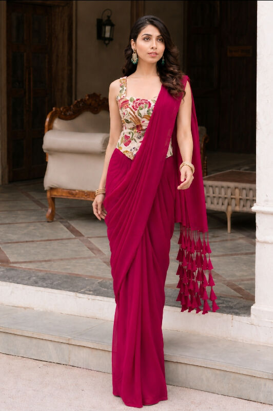 Pink ready to wear one min saree with corset blouse