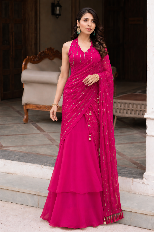 Pink fish cut lehenga saree with blouse