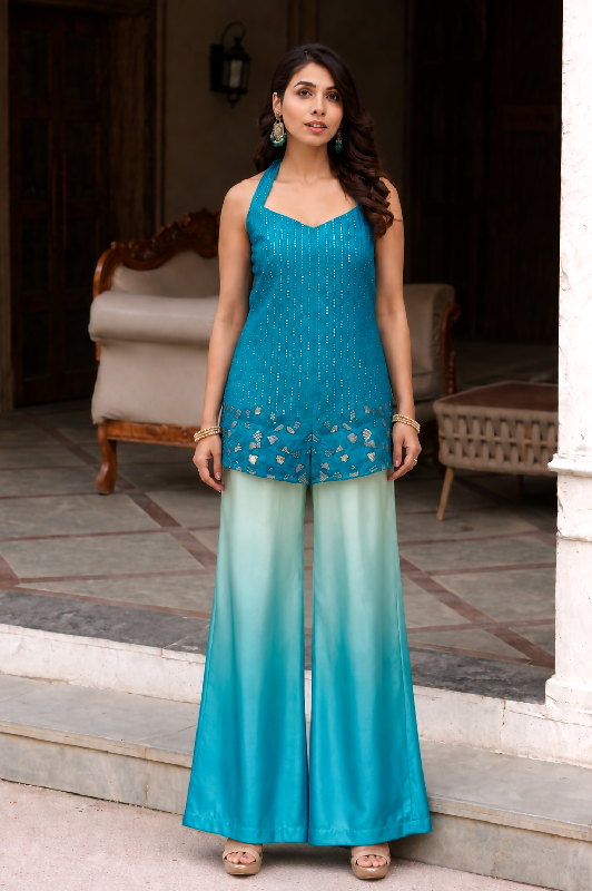 Blue front slit halter neck kurti with shaded sharara set