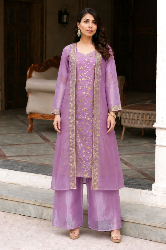 Purple silk indo western jacket with kurti and palazzo 3pc set