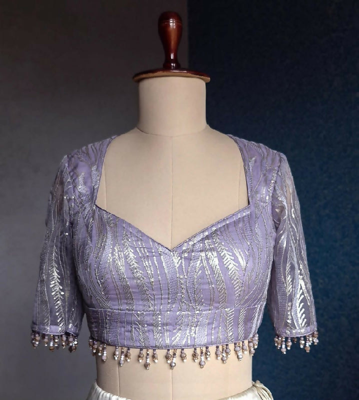 Lavender Embroidered Organza Sweetheart Neck Blouse