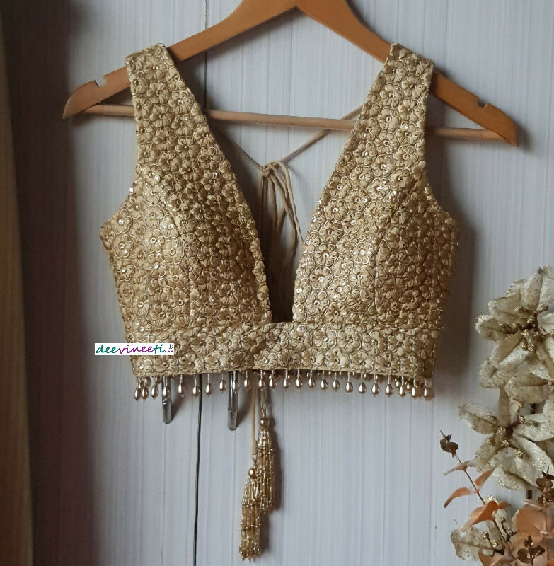 Embroidered Gold Georgette Saree Blouse, Plunge Neckline DVBL_139