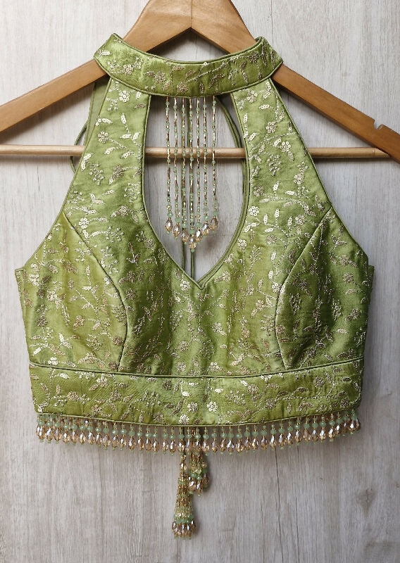 Green Embroidered Halter Neck Silk Blouse