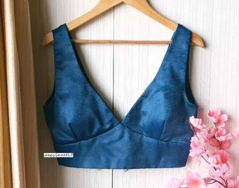 Blue Velvet Crepe Saree Lehenga Blouse Deep V Neck