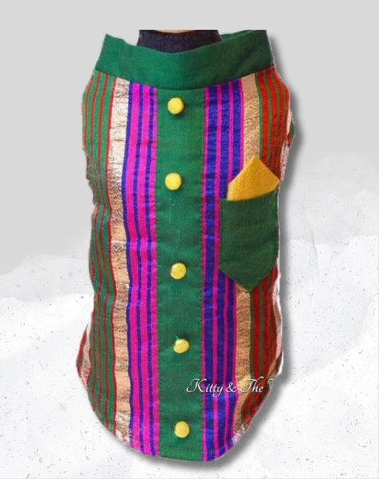 Multicolour Stripe Sherwani With Green Centre & Gold Buttons | Ethnic Kurta Sherwani for Dog, Cat and Puppy | Ethnic Wear | Mehendi - Dress - Party - Diwali - Wedding Wear