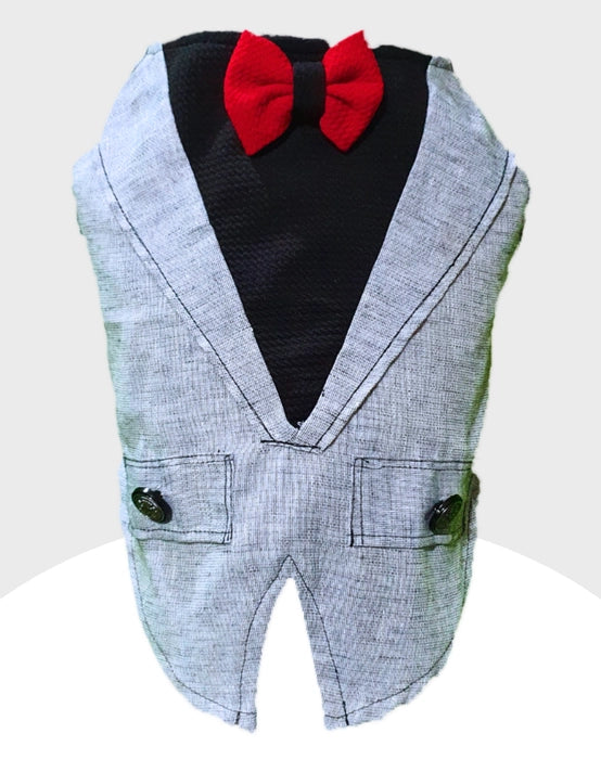 Grey Linen Tuxedo with Red Bow | Dog Tuxedo | Pet Tuxedo | Formal Suit for Dogs, Cats & Pets | Wedding, Party & Special Occasion Outfit
