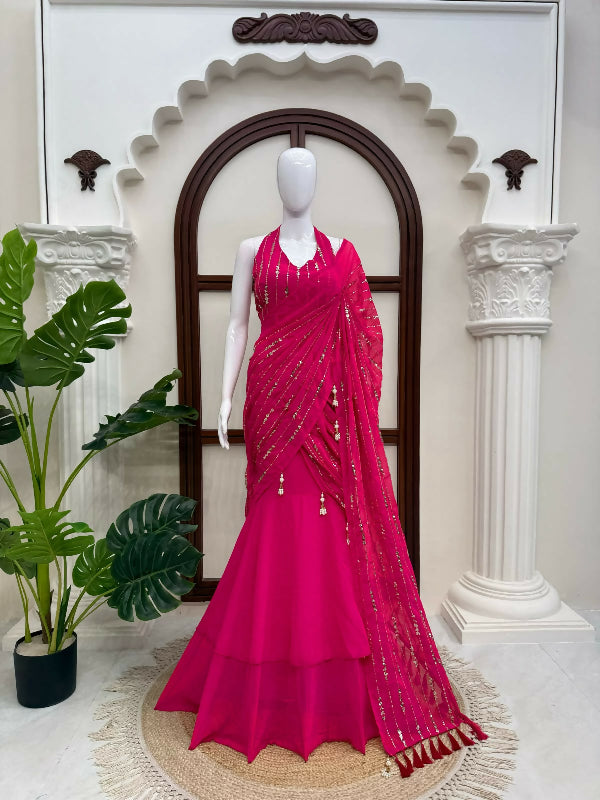 Pink fish cut lehenga saree with blouse