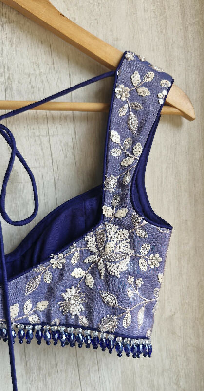 Blue Embroidered Tissue Silk Saree Blouse. Deep Sweetheart Neck Bralette DVBL_489