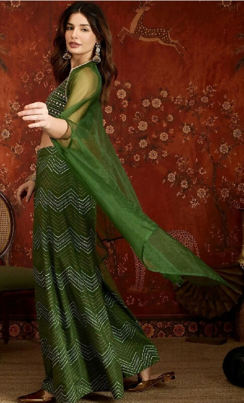 Green indo western top with palazzo and shrug 3pc set