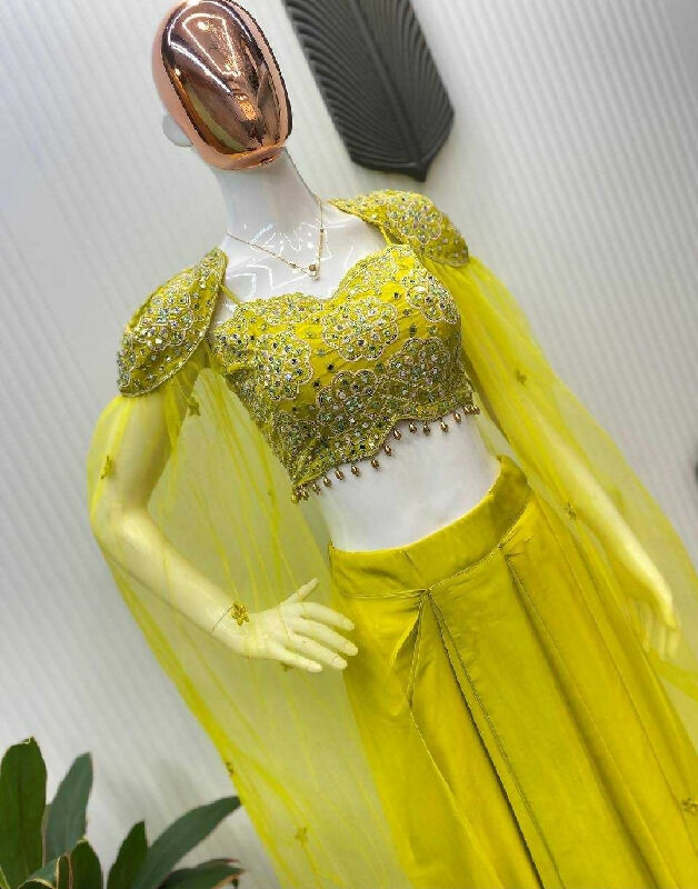 Yellow mirror work cape with dhoti skirt and top set